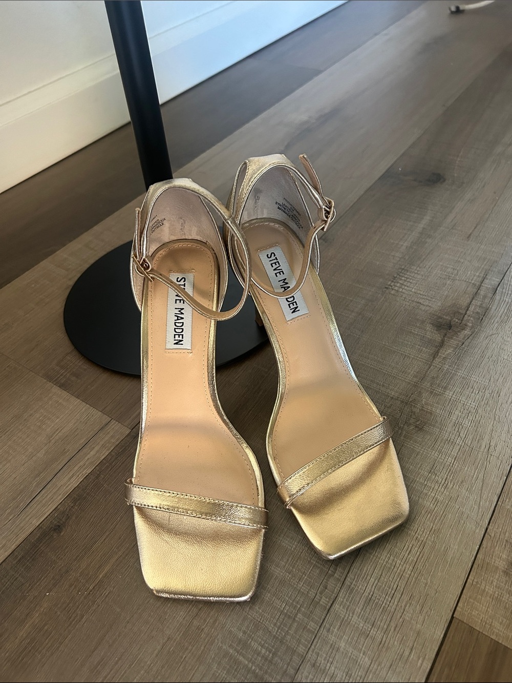 Steve Madden Metallic Gold Square-Toe Ankle-Strap Heels